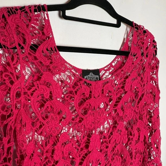 ANGIE Women's Crochet Lace Long Sleeve Scoop Neck Sweater Top Pink Size S Fairy - Picture 3 of 8